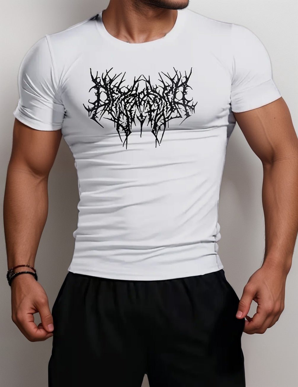 Atheletics Wear compression shirt in white and black bat design, offering support and comfort for high-performance gym wear.